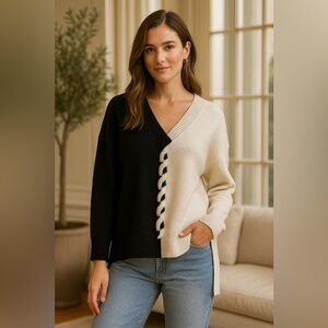 Pearl by Lela Rose Black Cream Yin Yang Wool Cashmere Blend oversized sweater S